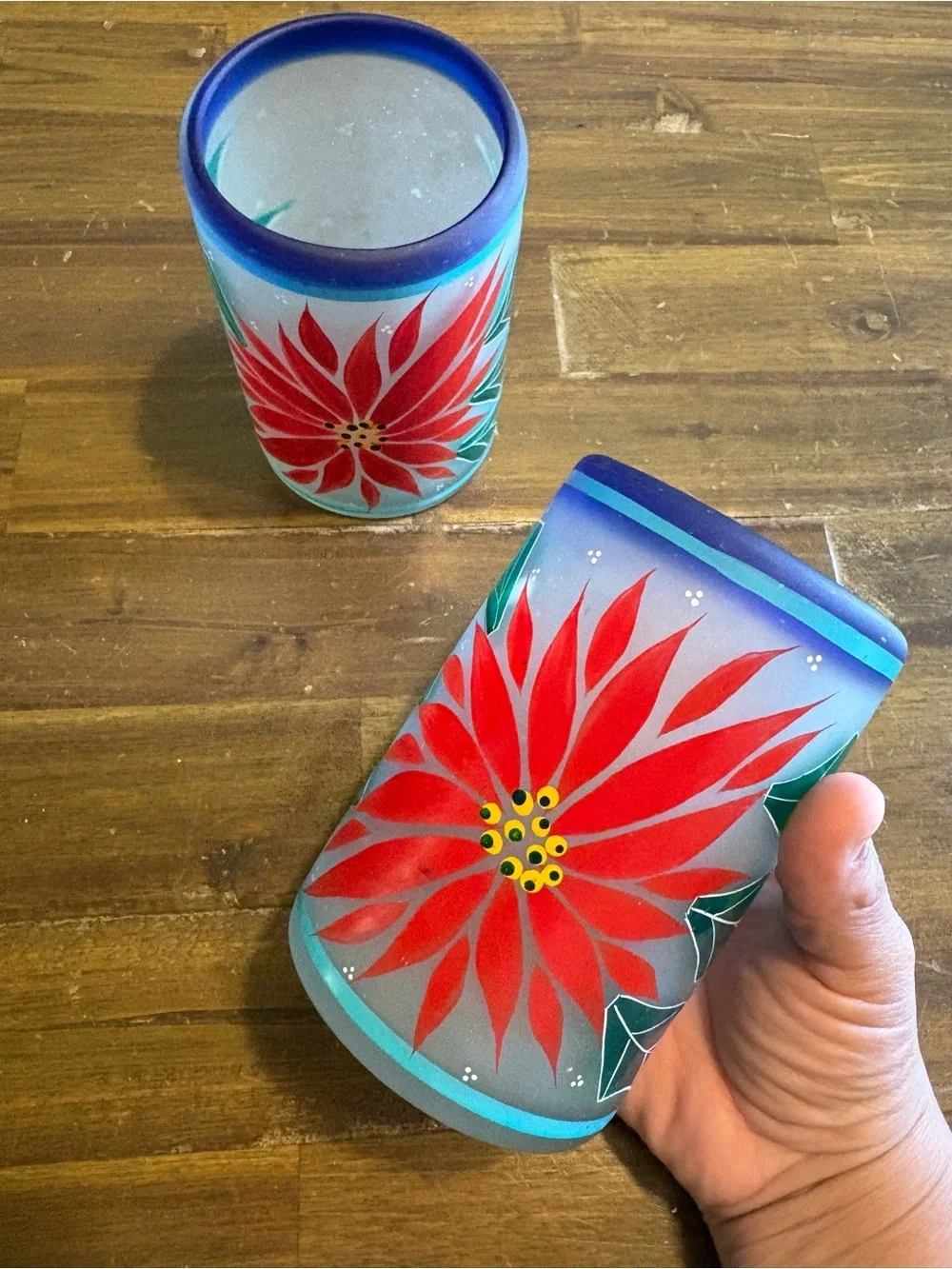 Vintage Frosted Glass Cups Holiday Christmas Poinsettia Hand Painted Drinkware